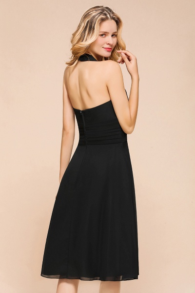 Simple Black Deep V-neck Halter Backless Knee-length Chiffon A-Line Bridesmaid Dress_10