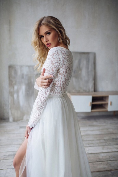 Long Sleeve Lace Chiffon Two Piece Wedding Dress_8
