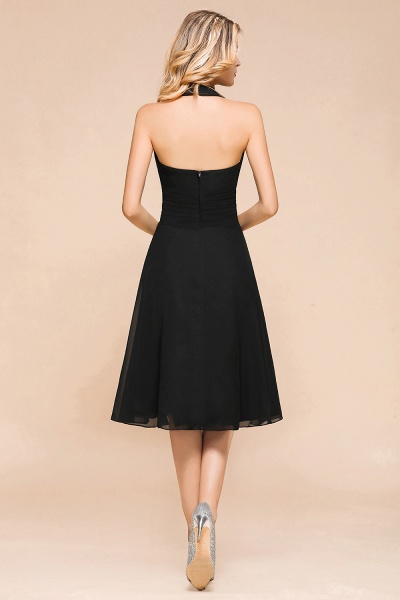 Simple Black Deep V-neck Halter Backless Knee-length Chiffon A-Line Bridesmaid Dress_3