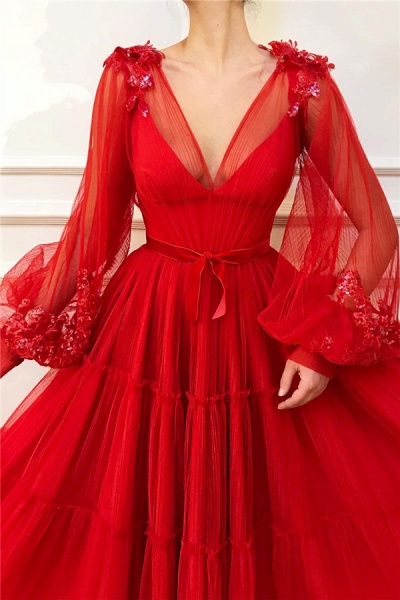 Chic Red Long A-line V-neck Tulle Prom Dress with Sleeves_2