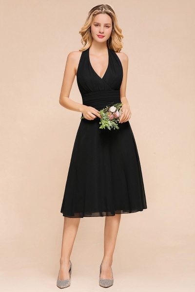 Simple Black Deep V-neck Halter Backless Knee-length Chiffon A-Line Bridesmaid Dress_2