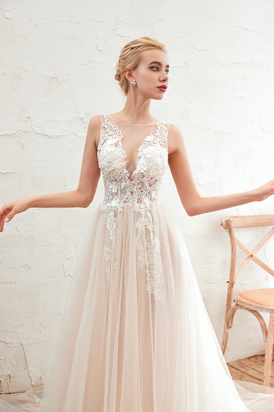 Delicate A-line Bateau Tulle Open Back Wedding Dress With Floral Lace_10