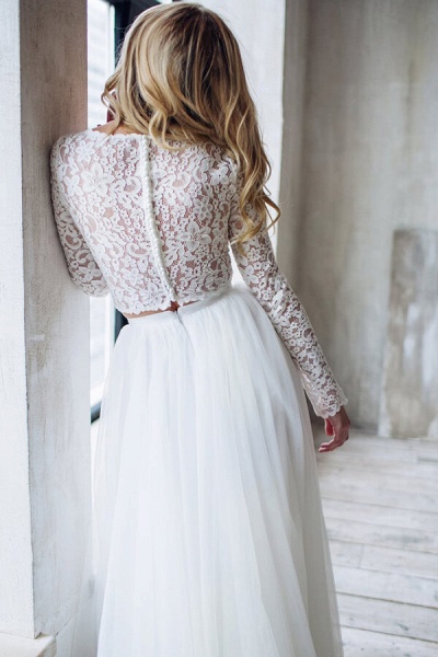 Long Sleeve Lace Chiffon Two Piece Wedding Dress_6