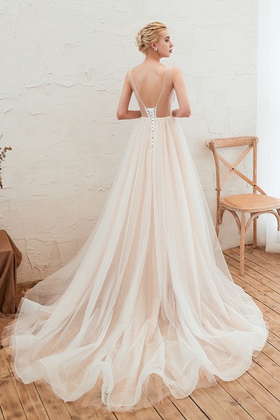 Zartes A-Linien-Hochzeitskleid aus Bateau-Tüll mit offenem Rücken und floraler Spitze_4