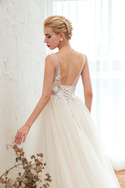 Romantic Wide Straps Deep V-neck A-Line Floor-length Tulle Wedding Dress_9