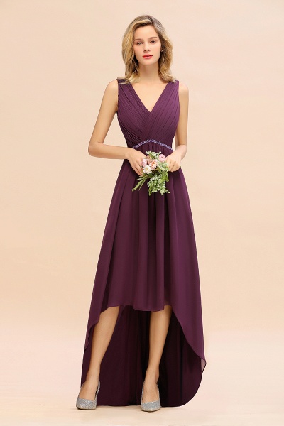 Stylish Deep V-neck Backless High Low A-Line Bridesmaid Dress With Beading Sash_1