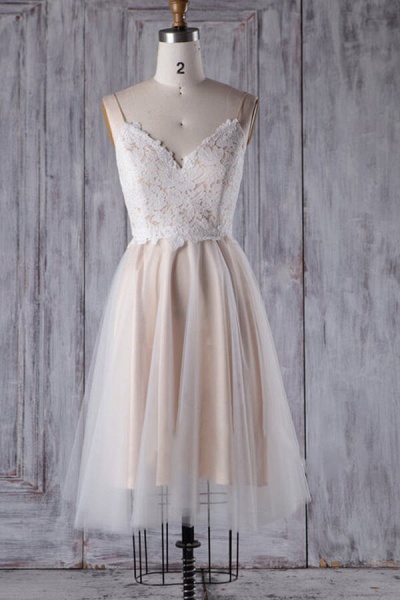Spaghetti Strap Lace Tulle Short Wedding Dress_1