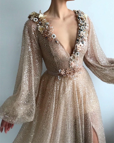 Modest V-neck Sequined A-line Prom Dress_2