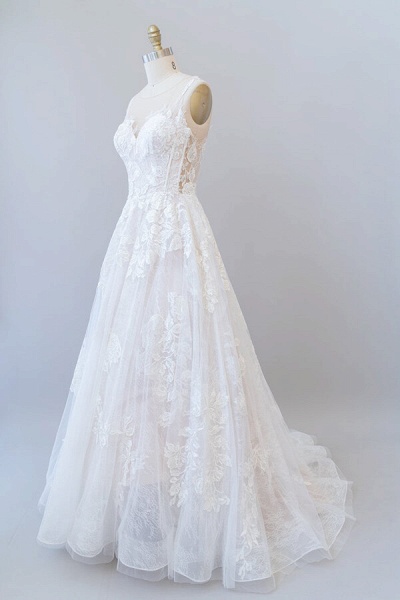 Illusion Appliques Tulle A-line Wedding Dress_5