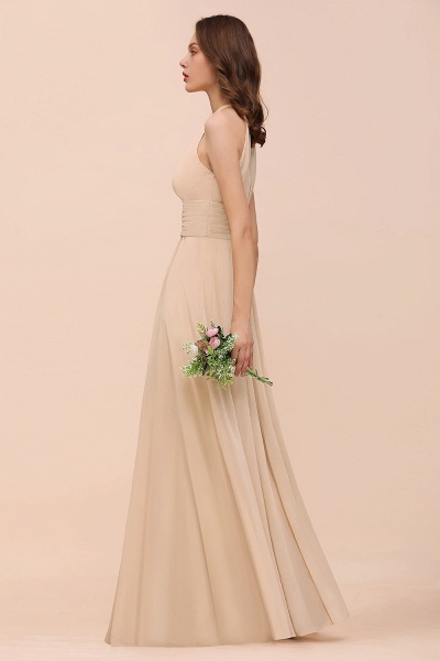 Elegant Long A-Line Jewel Ruffle Chiffon Champagne Bridesmaid Dress_57