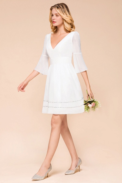 Elegant White Long Sleeve Deep V-neck A-line Knee-length Chiffon Bridesmaid Dress_5