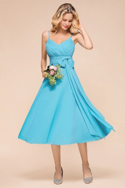 Beautiful Sky Blue A-line Tea-length Chiffon Bridesmaid Dress With Spaghetti Straps_4