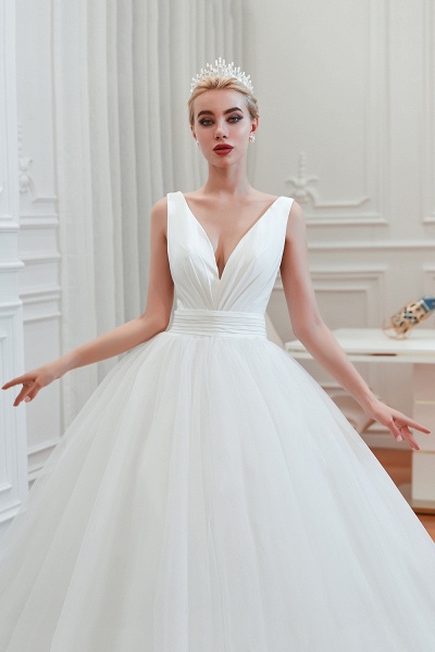 Romantic A-Line Tulle Wide Straps Deep V-neck Floor-length Wedding Dress_9