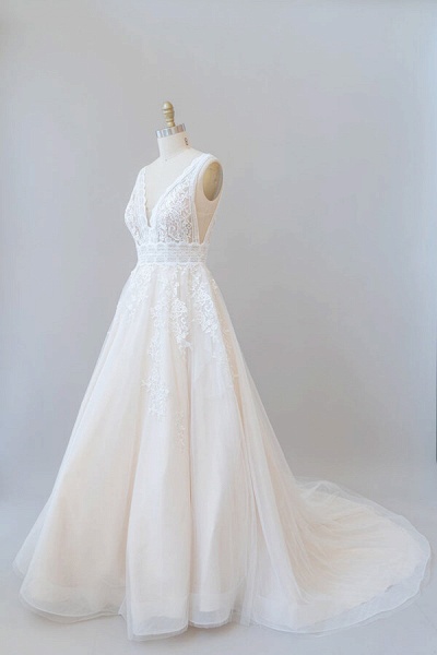 Elegant V-neck Appliques Tulle A-line Wedding Dress_4