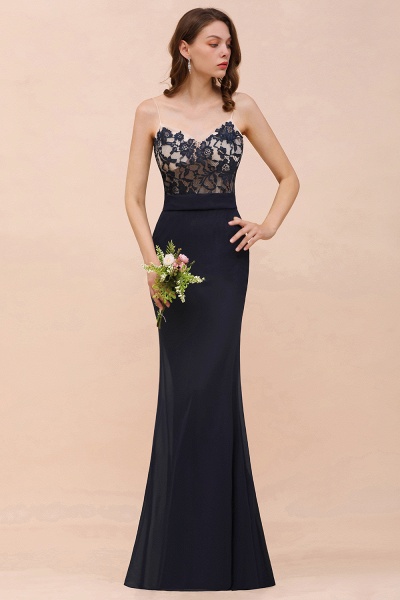 Chic Long Mermaid Spaghetti Straps Chiffon Dark Navy Bridesmaid Dress_5