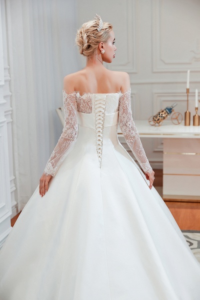 Stunning Off-the-shoulder Long Sleeve A-Line Satin Church Wedding Dress_10