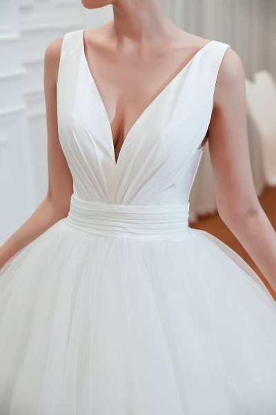 Romantic A-Line Tulle Wide Straps Deep V-neck Floor-length Wedding Dress_11