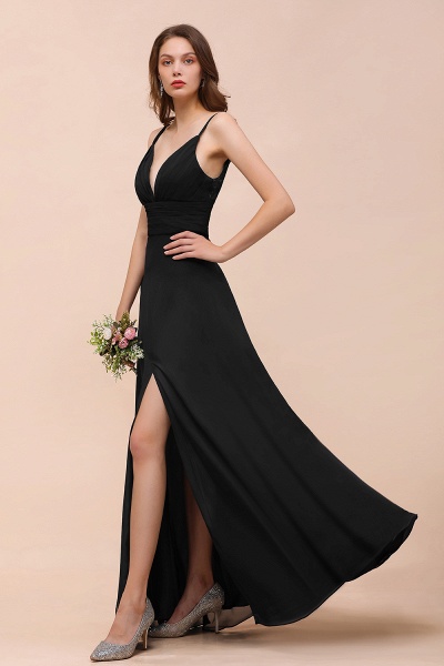Elegant Black Spaghetti Straps Sweetheart Split Chiffon A-Line Bridesmaid Dress_7