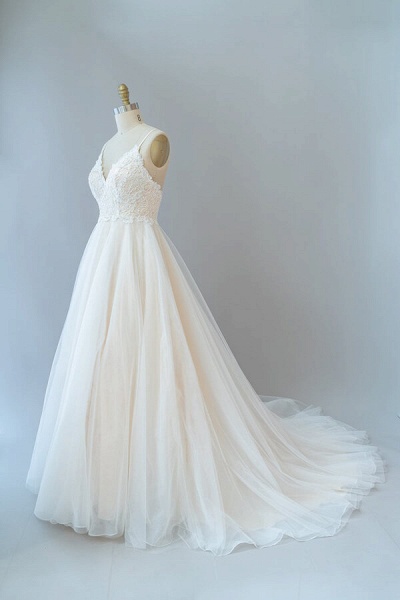 Spaghetti Strap Lace Tulle A-line Wedding Dress_4