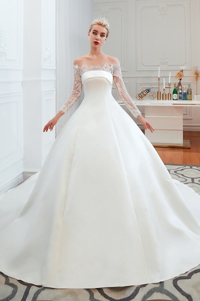 Stunning Off-the-shoulder Long Sleeve A-Line Satin Church Wedding Dress_2
