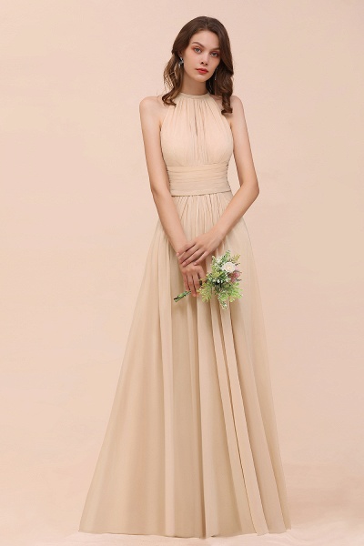 Elegant Long A-Line Jewel Ruffle Chiffon Champagne Bridesmaid Dress_54