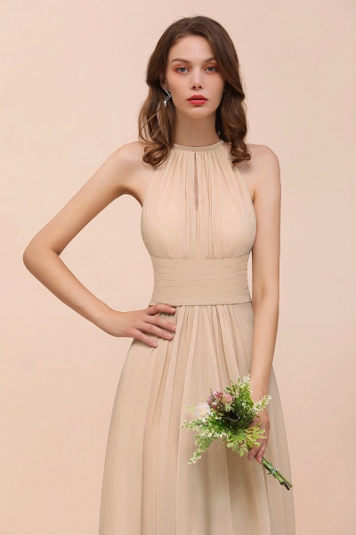 Elegant Long A-Line Jewel Ruffle Chiffon Champagne Bridesmaid Dress_58