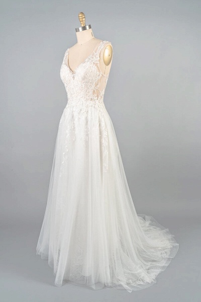 V-neck Appliques Tulle A-line Wedding Dress_4