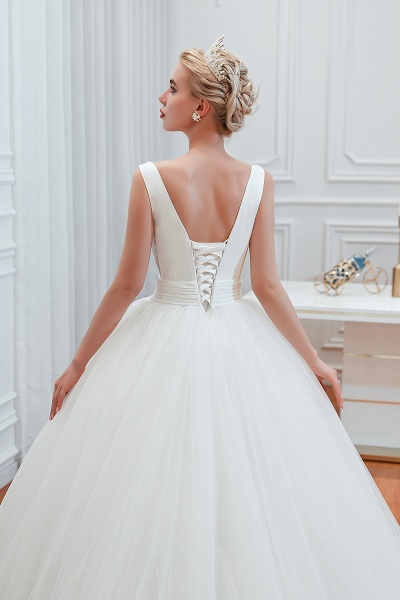 Romantic A-Line Tulle Wide Straps Deep V-neck Floor-length Wedding Dress_12