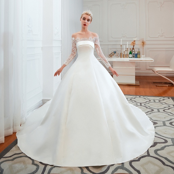 Stunning Off-the-shoulder Long Sleeve A-Line Satin Church Wedding Dress_1