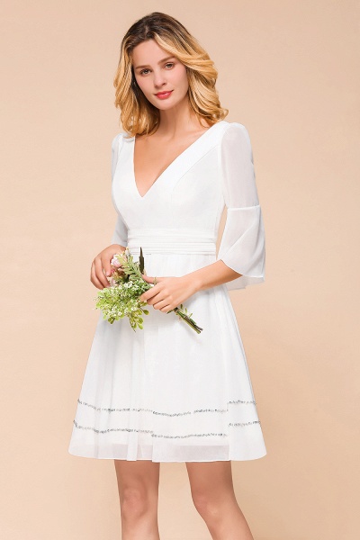 Elegant White Long Sleeve Deep V-neck A-line Knee-length Chiffon Bridesmaid Dress_8