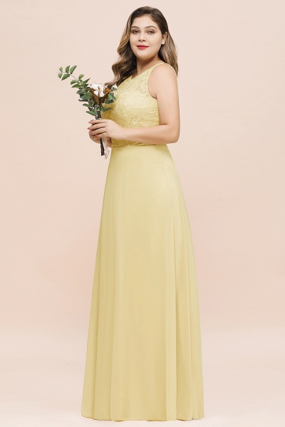 Langes Plus Size Chiffon Jewel Daffodil Brautjungfernkleid mit Spitze_8