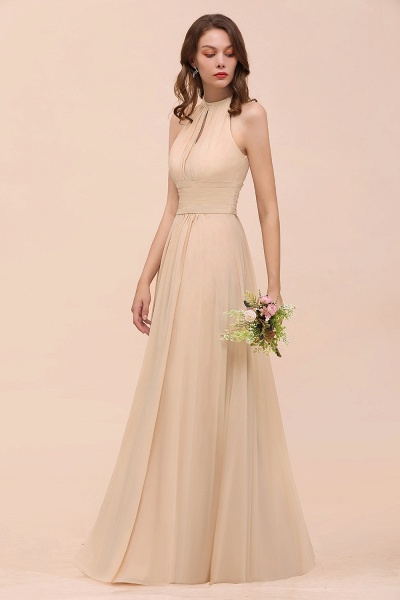 Elegant Long A-Line Jewel Ruffle Chiffon Champagne Bridesmaid Dress_56