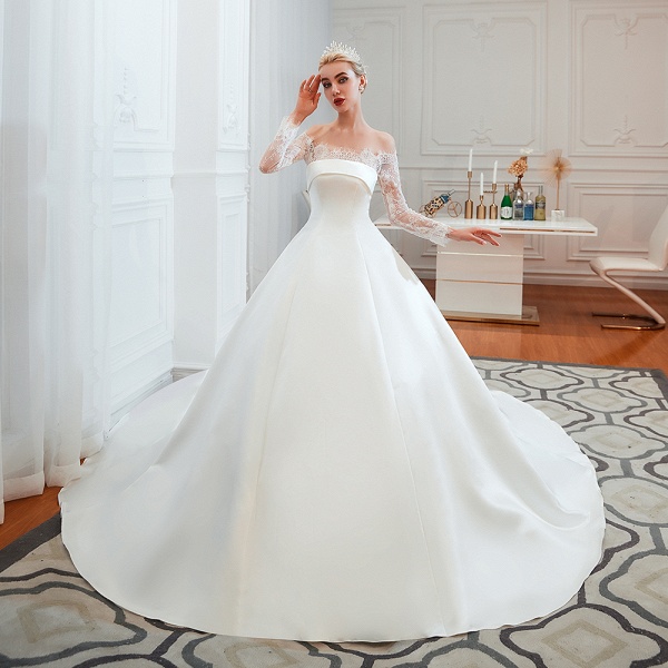 Stunning Off-the-shoulder Long Sleeve A-Line Satin Church Wedding Dress_6