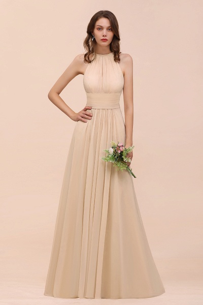 Elegant Long A-Line Jewel Ruffle Chiffon Champagne Bridesmaid Dress_14