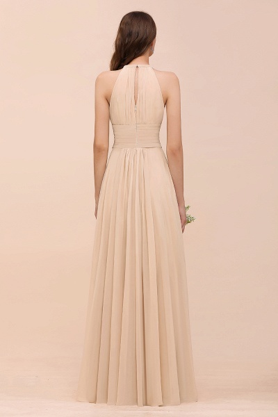 Elegant Long A-Line Jewel Ruffle Chiffon Champagne Bridesmaid Dress_52