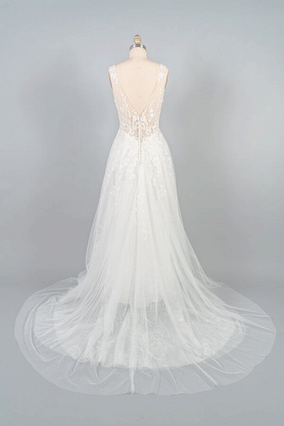 V-neck Appliques Tulle A-line Wedding Dress_3