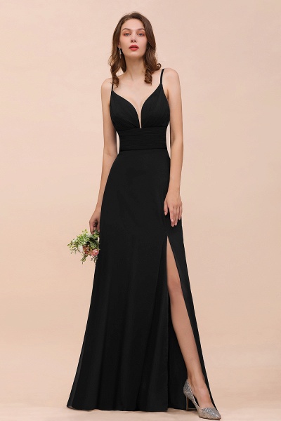 Elegant Black Spaghetti Straps Sweetheart Split Chiffon A-Line Bridesmaid Dress_1