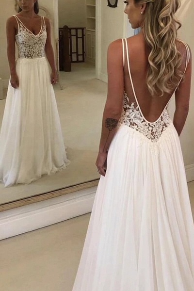 Open Back V-neck Lace Chiffon Wedding Dress_4