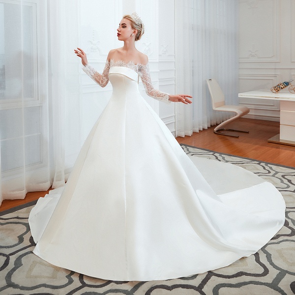 Stunning Off-the-shoulder Long Sleeve A-Line Satin Church Wedding Dress_5