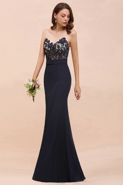 Chic Long Mermaid Spaghetti Straps Chiffon Dark Navy Bridesmaid Dress_9