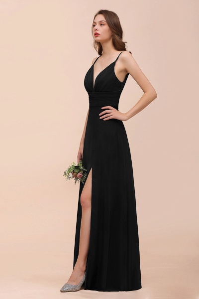 Elegant Black Spaghetti Straps Sweetheart Split Chiffon A-Line Bridesmaid Dress_6