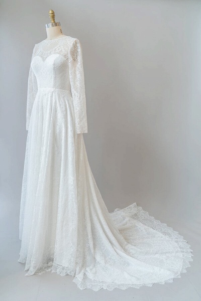 Illusion Long Sleeve Lace A-line Wedding Dress_4