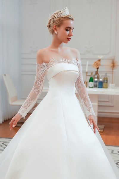 Stunning Off-the-shoulder Long Sleeve A-Line Satin Church Wedding Dress_8