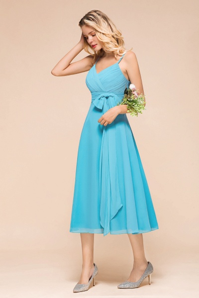 Beautiful Sky Blue A-line Tea-length Chiffon Bridesmaid Dress With Spaghetti Straps_6