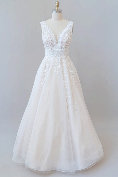 Elegant V-neck Appliques Tulle A-line Wedding Dress_1