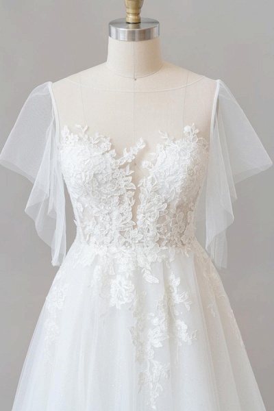 Appliques Tulle A-line Chapel Train Wedding Dress_6