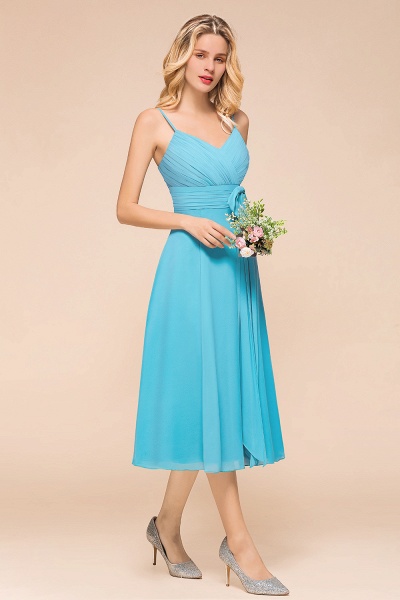 Beautiful Sky Blue A-line Tea-length Chiffon Bridesmaid Dress With Spaghetti Straps_7