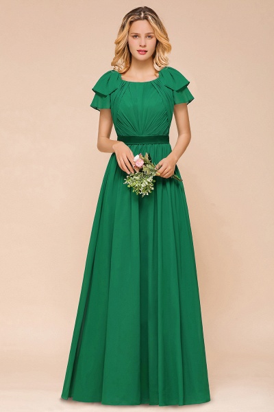 Elegant Bateau Short Sleeves A-line Floor-length Chiffon Ruched Bridesmaid Dress_1