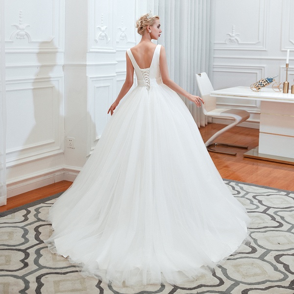 Romantic A-Line Tulle Wide Straps Deep V-neck Floor-length Wedding Dress_6