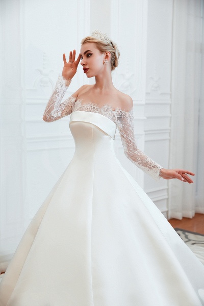 Stunning Off-the-shoulder Long Sleeve A-Line Satin Church Wedding Dress_11